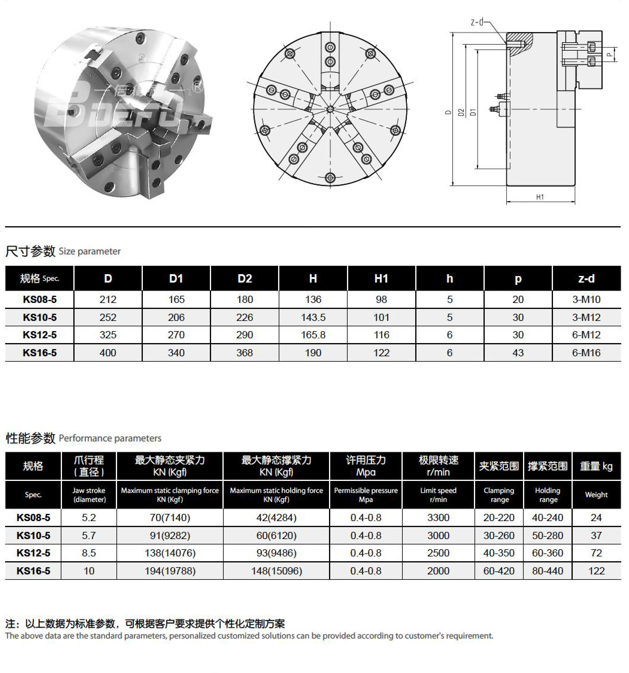 Solid five-jaw pneumatic chuck